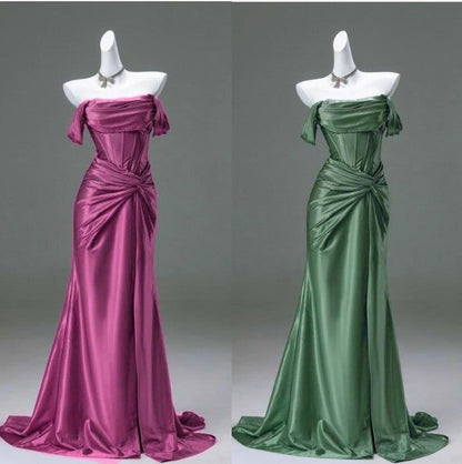 Robe de soirée sirène élégante en satin plissé, robe de bal de fin d'année à épaules dénudées N1870