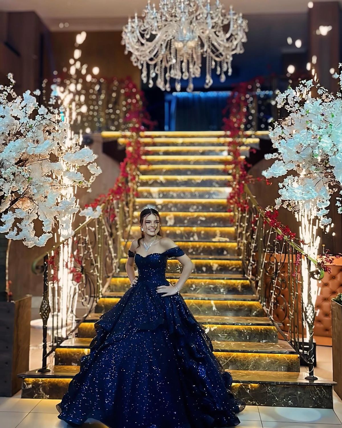 Marineblaues Ballkleid, schulterfrei, Pailletten, Luxuskleid für Quinceañera, Geburtstag, Sweet 15/16, AB1811