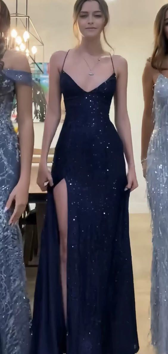 Modest Mermaid V Neckline Marine Ball Dresses Long Formal Gowns Navy Blue Sequin Slit Prom Dresses Evening Gowns AB802