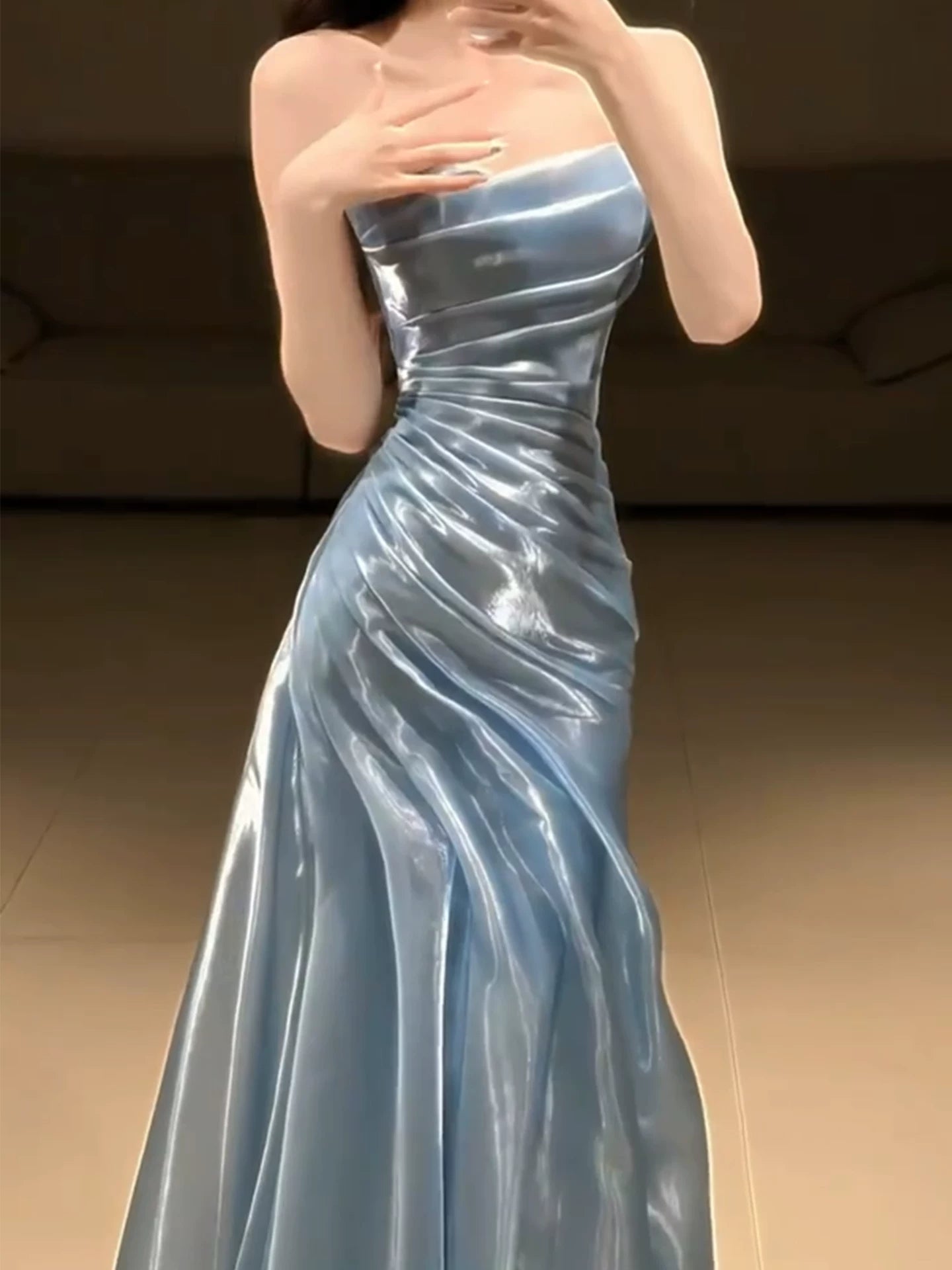 Hellblaues, trägerloses, plissiertes Ballkleid, Abendkleid, formelles, halbformelles, langes Abschlussballkleid für Teenager AB1993