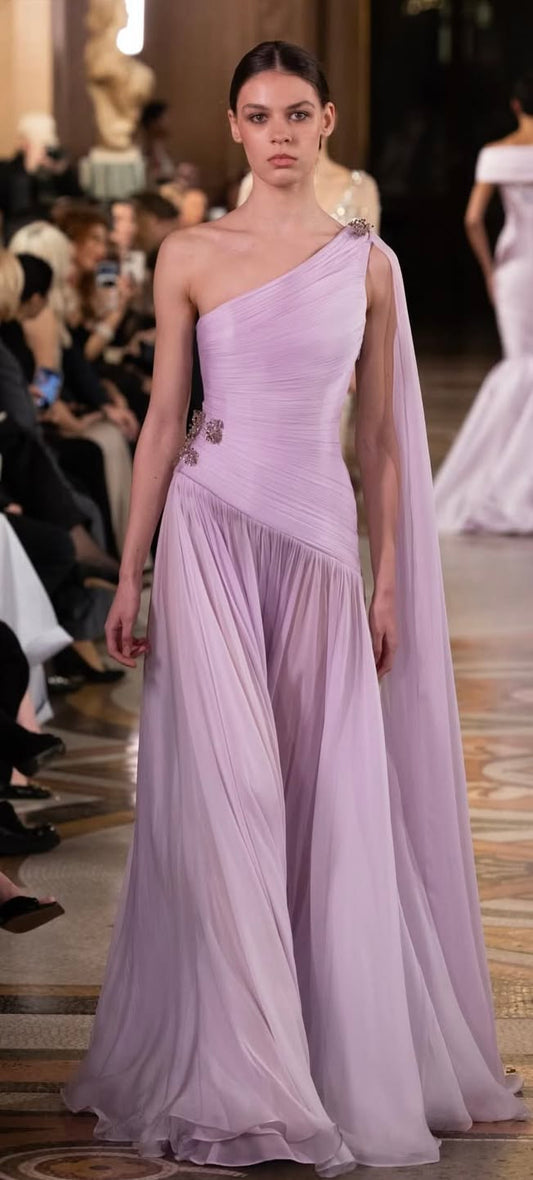Charming A Line One Shoulder Lilac With Cape Summer 19th Birthday Elegant Outfit Wedding Guest Dresses N4159