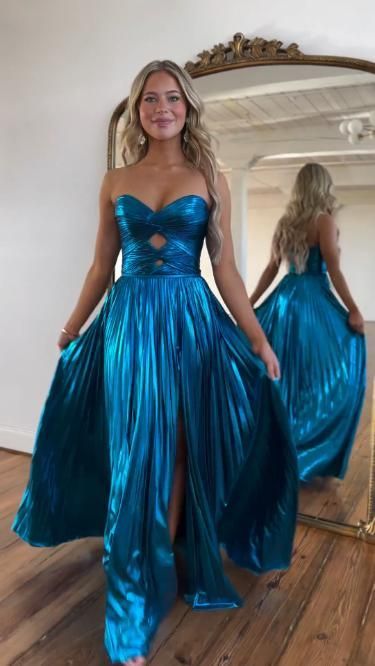 Einfaches A-Linien-Sweetheart Blau mit Schlitz Satin Ärmellos Formell für Damen Mädchen Teenager Ballkleider N2308