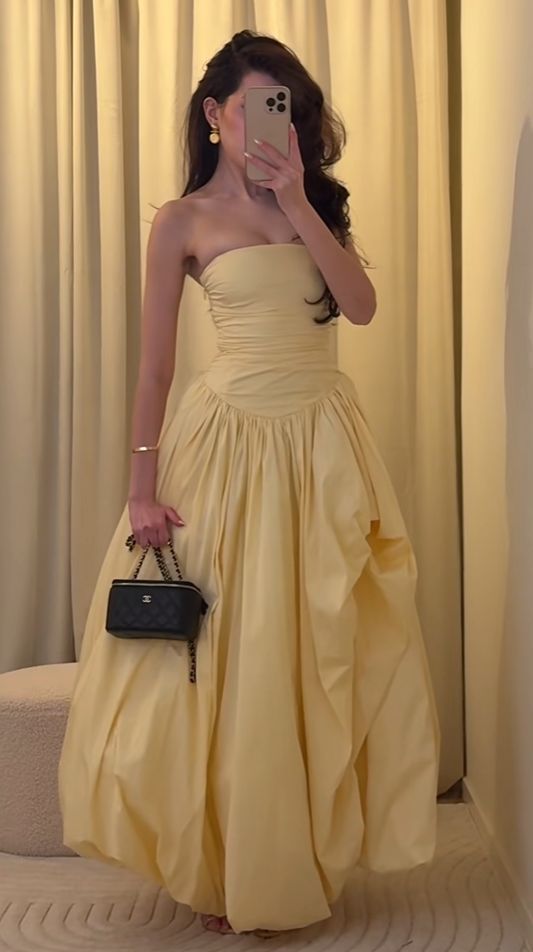 Charmantes, langes, modisches gelbes Abendkleid im Stil der 50er Jahre (Aesthetic/Old Money) – formelles Kleid N1031