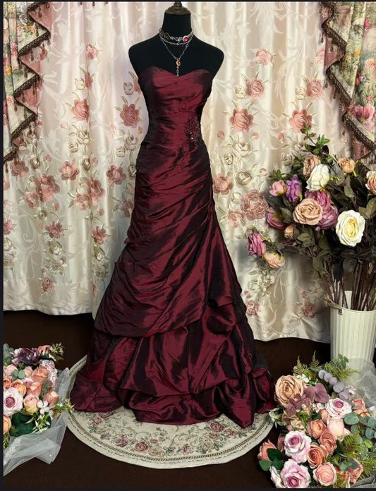 Vintage Meerjungfrauen-Kleid mit Herzausschnitt aus burgunderrotem Taft für Damen – Partykleid, formelles Ballkleid, Inspiration für den 22. Geburtstag AB1389