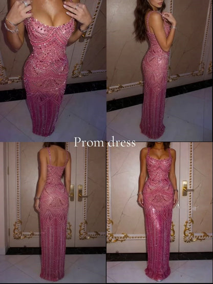 Robes de bal de rêve orange à paillettes, bretelles spaghetti, sans manches, sirène fourreau avec perles précieuses pour femmes N4052