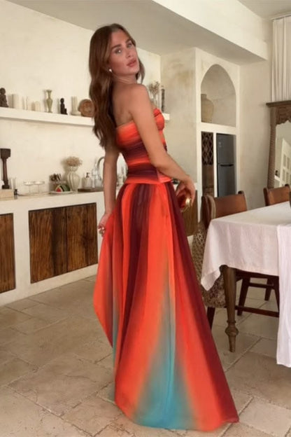 Robe Longue Femme Tie Dye Col Bateau Dégradé Creux Robe de Soirée d'Été N2349