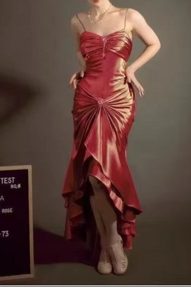 Elegantes, dunkelgrünes, langes Meerjungfrauen-Abendkleid aus Satin mit Spaghettiträgern – Wunderschönes Abendkleid N1782