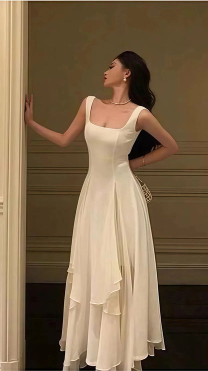 Robe de soirée/bal en mousseline ivoire vintage et classique N2164