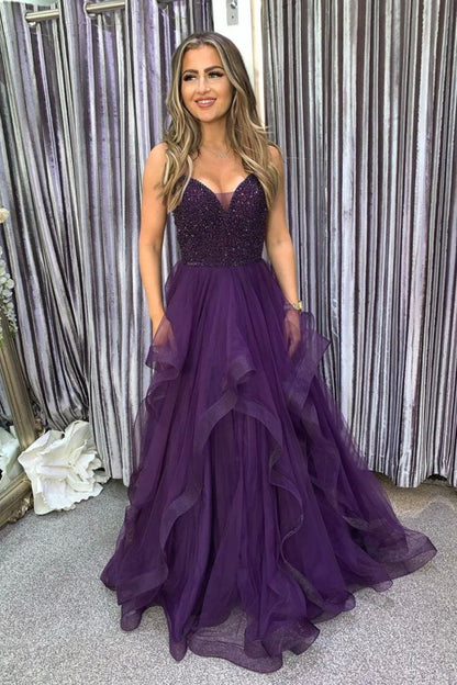 Robe de bal longue en tulle violet, coupe trapèze, ornée de perles, référence AB460