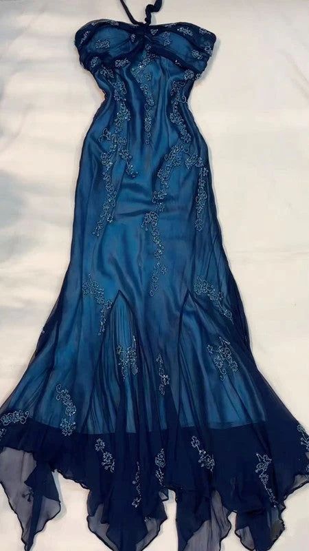 Robe de bal longue bleu marine en mousseline, style sirène, dos nu, inspiration robe de soirée bleu foncé AB726