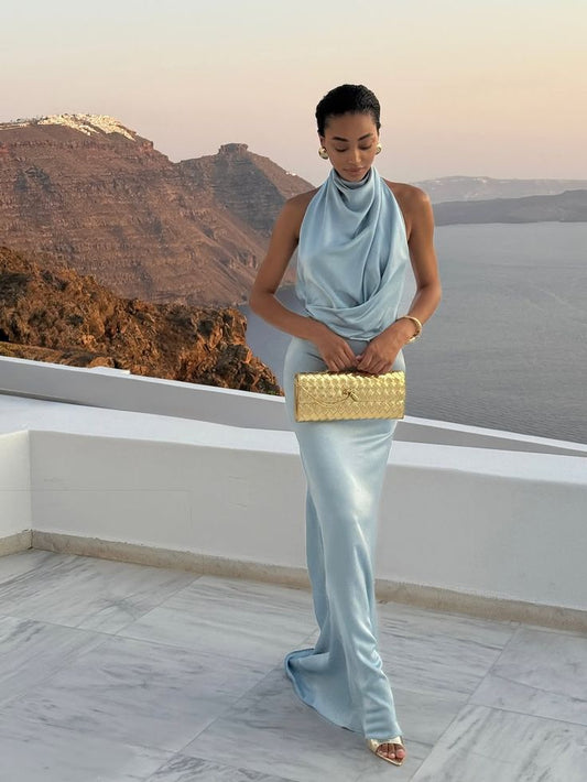 Simple Mermaid High Neck Light Sky Blue Maxi Dress Satin Beach Summer Garden Inspiration Wedding Guest Dresses N2470