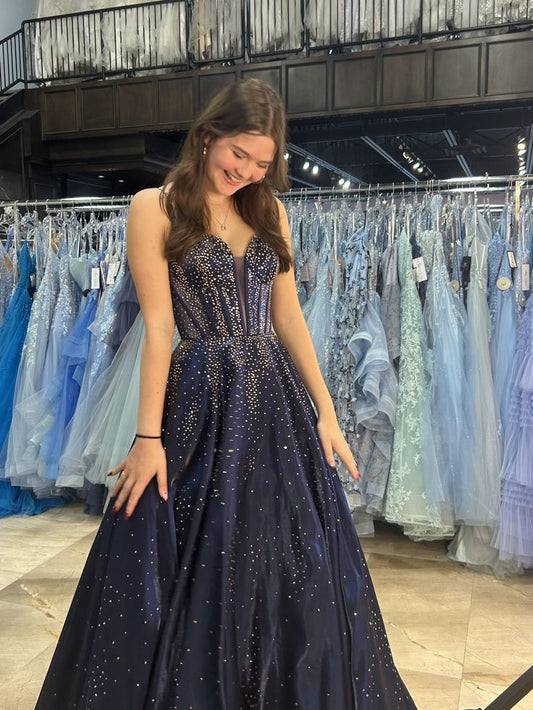 Modest A Line Spaghetti Straps Navy Blue Satin With Beadings Backless Party Long Prom Dresses AB1611