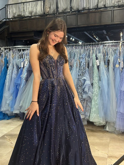Modest A Line Spaghetti Straps Navy Blue Satin With Beadings Backless Party Long Prom Dresses AB1611
