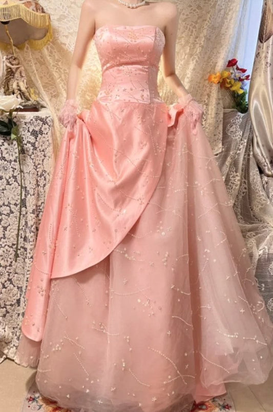 Modest Beaded Sleeveless A-Line Strapless Pink Long Prom Dress Formal Dresses N588