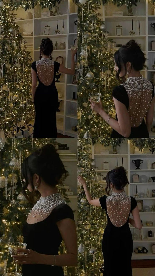 Robe de soirée en velours noir ornée de perles, robe de fête, robe de bal d'anniversaire AB1634