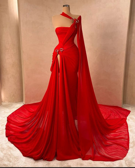 Vintage Meerjungfrauen-Kleid aus rotem Chiffon mit One-Shoulder und Schlitz für Damen – Partykleid, formelles Ballkleid, Inspiration für den 22. Geburtstag AB1391