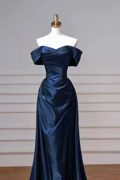 Marineblaues Ballkleid, schulterfreies Abendkleid mit abnehmbarer Schleppe, Modell N1853