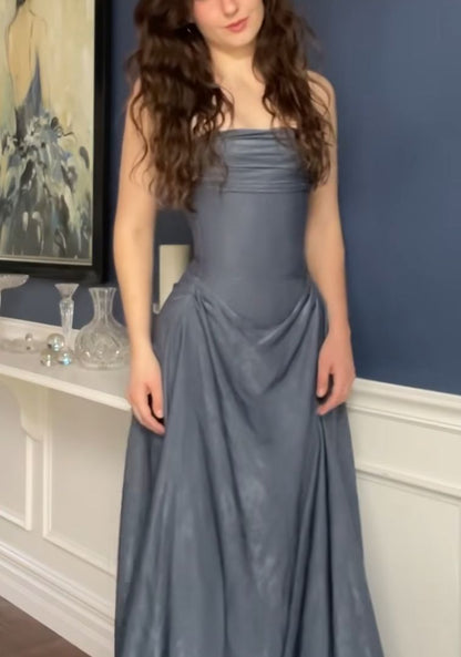 Women's Cocktail Party Gowns Sheath Strapless Gray With Pleated Long Graduation Dinner Outfit Prom Dresses AB1890