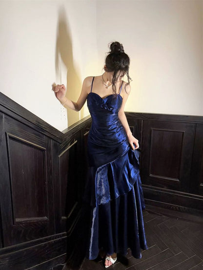 Marineblaues Meerjungfrauen-Abendkleid mit herzförmigem Ausschnitt und Trägern, marineblaues Ballkleid mit herzförmigem Ausschnitt für Damen AB1459