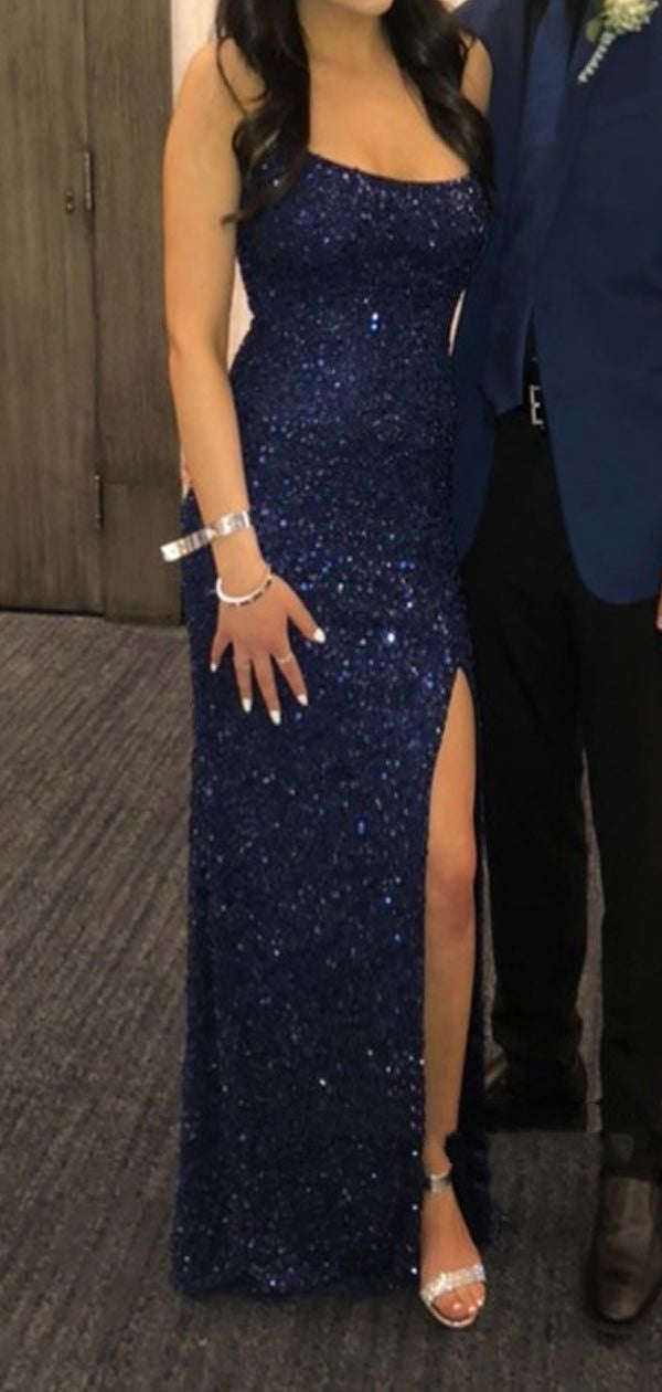 Elegantes, langes Meerjungfrauen-Abendkleid in Marineblau mit Pailletten und Spaghettiträgern AB697