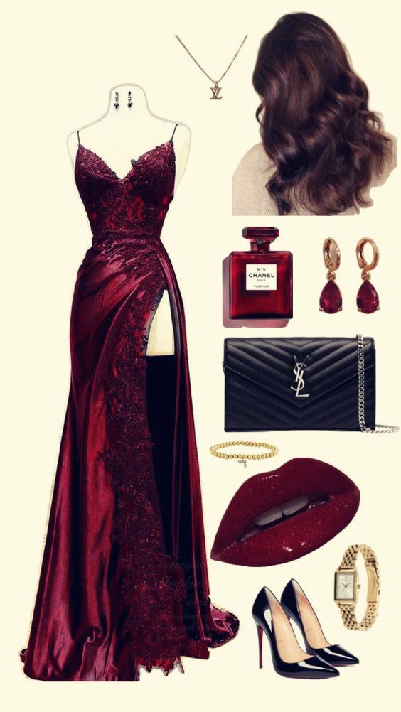 Robe de bal longue en satin et dentelle rouge bordeaux à bretelles et col en V AB1612