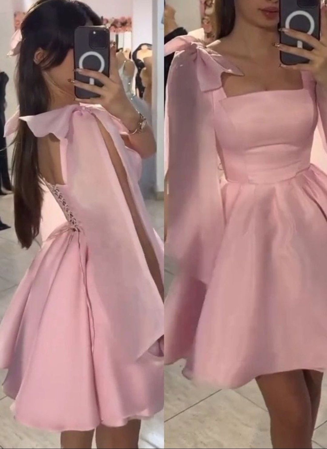 Klassisches A-Linien-Spaghettiträgerkleid mit Schleife, rosa, kurz, für den Schulabschluss, Hoco-Outfit, Homecoming-Kleider RB4656