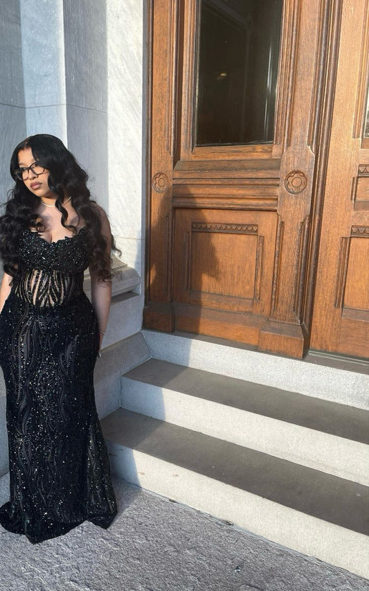 Funkelndes Meerjungfrauen-Abendkleid mit Herzausschnitt für große Größen, schwarze Mädchen, Pailletten, Perlen und Kristalle, langes formelles Abendkleid N822