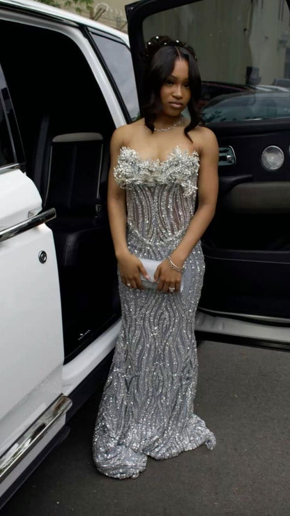 Glitzernde Ballkleider Meerjungfrau Sweetheart Silber Pailletten Funkelndes Abendkleid für Schwarze Frauen Mädchen N4045