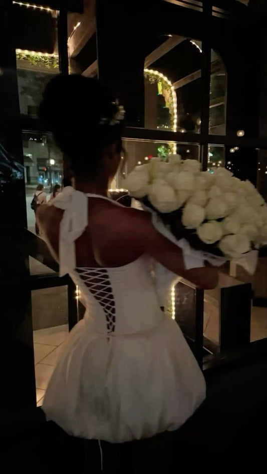 Elegant A line Halter For BlacK Girls Short Corset Fitted Back Hoco Dress Ideas Little White Homecoming Dresses RB4058