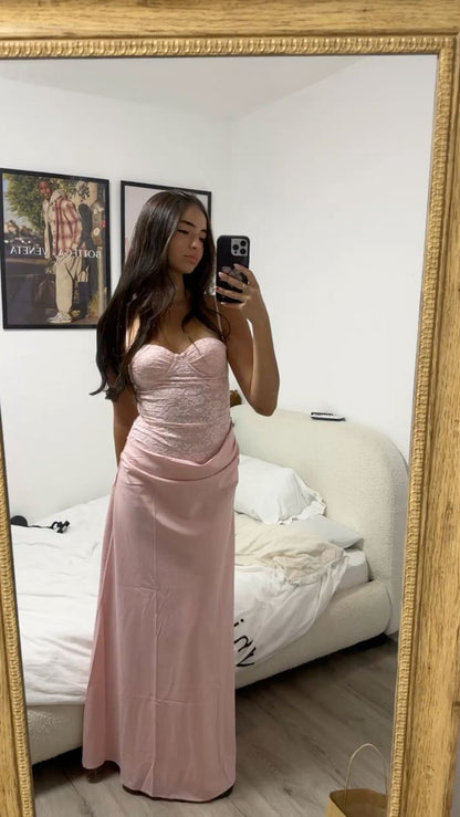 Élégante Robe de Bal de Demoiselle d'honneur Sirène en Satin Rose à Bretelles Fines sans Manches pour Femmes et Adolescentes N2314