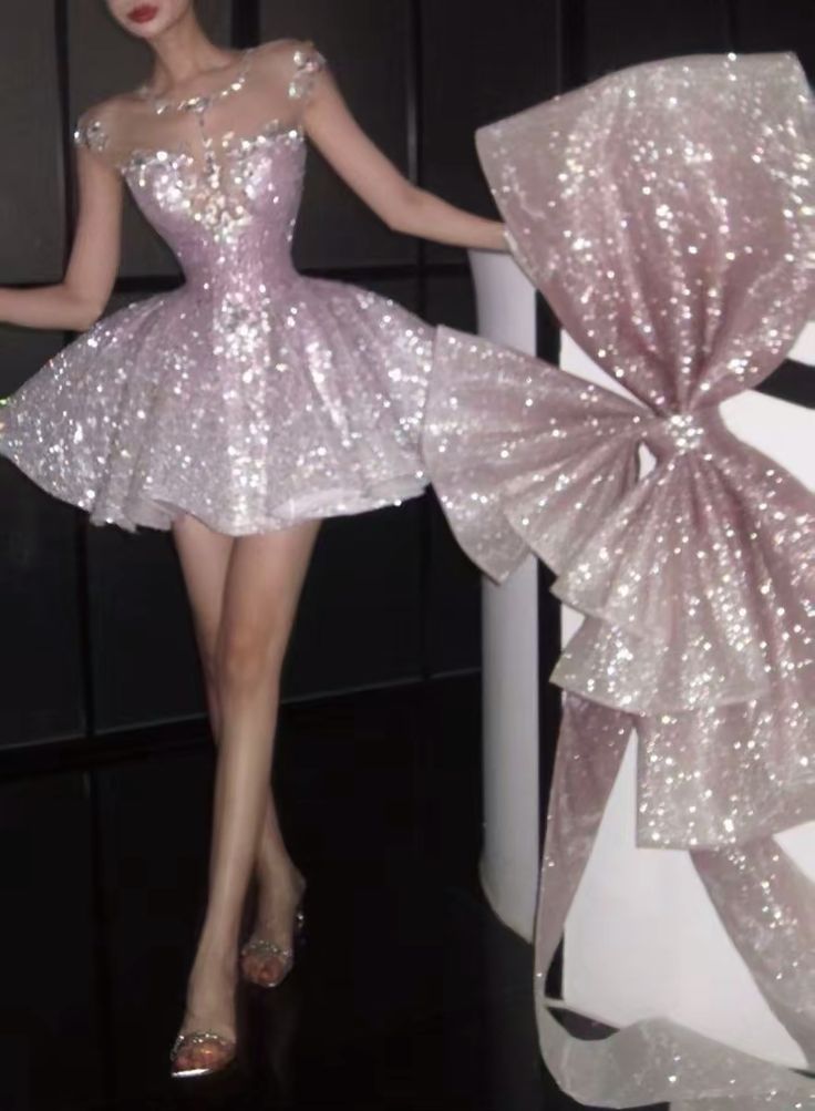 Robe de bal de luxe décolleté rond dégradé rose à paillettes avec nœud mini robes de remise de diplôme et de bal de promo courtes tenues de retour à la maison pour seniors RB3660