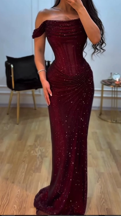 Glitzerndes Meerjungfrauen-Abendkleid mit schulterfreiem Ausschnitt für die Oberstufe, festliches Abendkleid N621