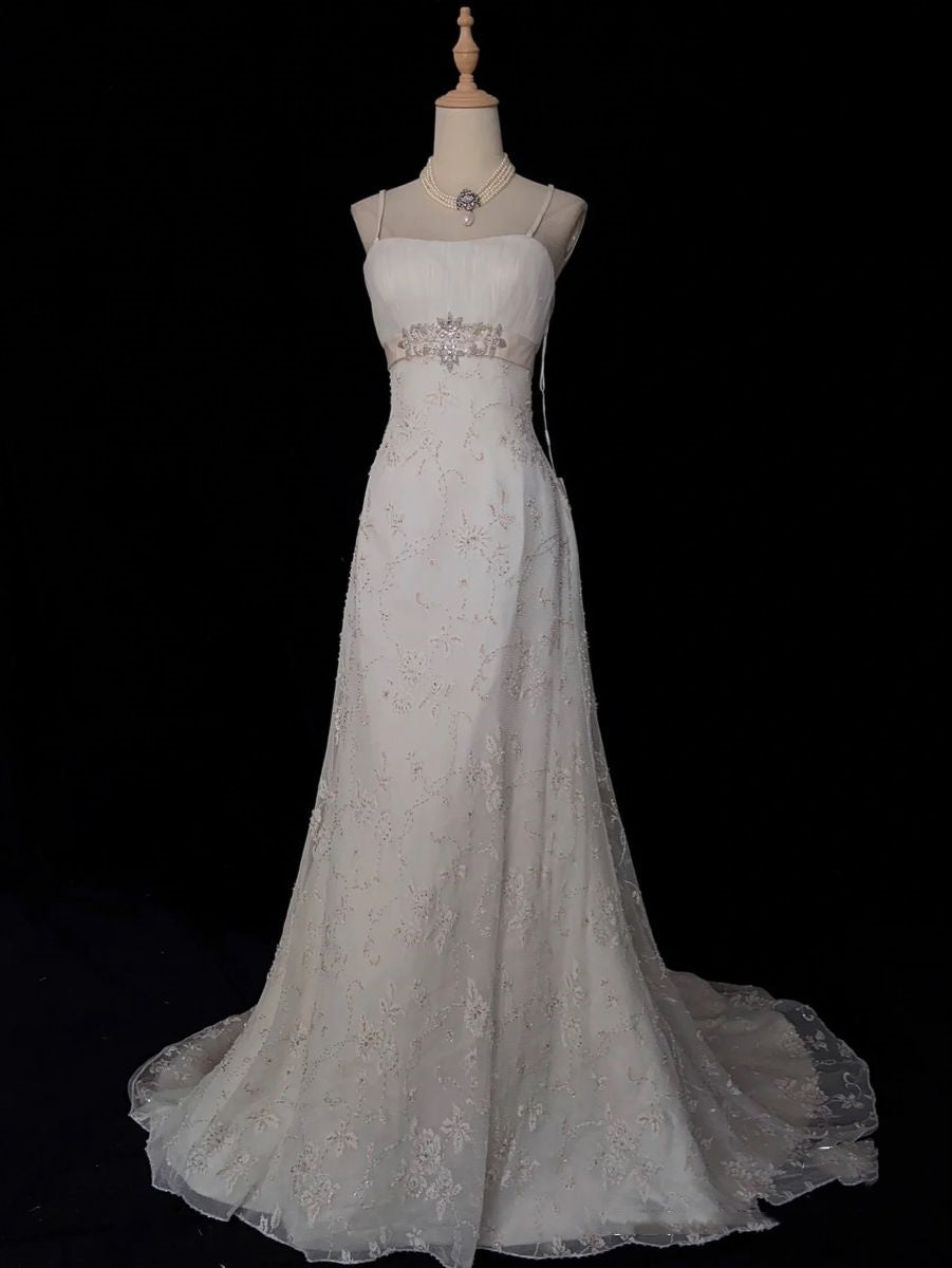 Brautkleider im Retro-Stil der 1950er Jahre: A-Linie, Spaghettiträger, silberne Perlen, Spitze, Petite/Plus Size, für Frühling/Sommer-Hochzeiten, AB1478