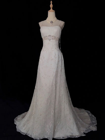 Brautkleider im Retro-Stil der 1950er Jahre: A-Linie, Spaghettiträger, silberne Perlen, Spitze, Petite/Plus Size, für Frühling/Sommer-Hochzeiten, AB1478
