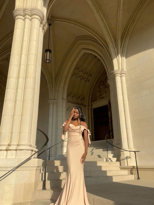 Sexy Mermaid Off-The-Shoulder Long Train Champagne Prom Dress Inspo Prom Gown AB1038
