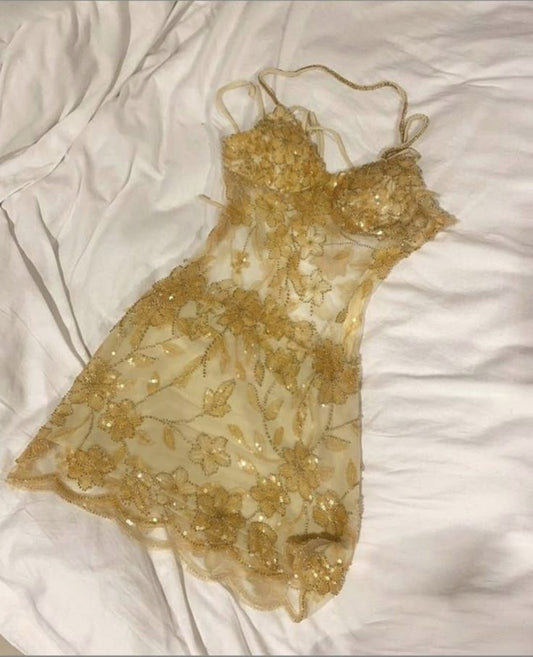 Sexy A Line Spaghetti Straps Gold Backless Sequin Short 16th Birthday Dress Homecoming Dresses Cocktail Gown RB031