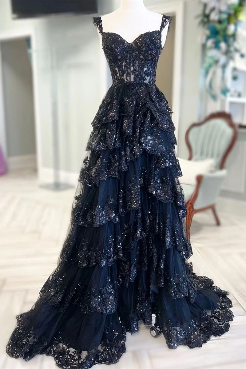 Modest Ball Gown Straps Navy Blue Lace Prom Dresses Long for Women Ruffle Formal Evening Gown AB161