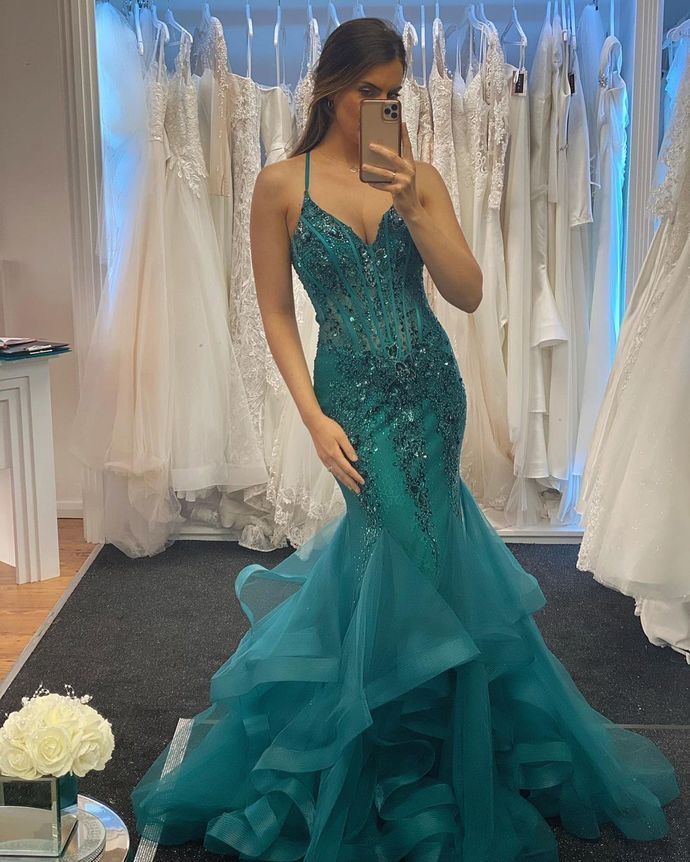 Robe de soirée longue sirène en tulle bleu à col halter pour femme, robe de bal formelle pour un 22e anniversaire AB1399