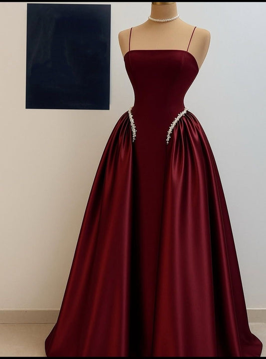 Elegantes, bordeauxrotes A-Linien-Kleid mit Spaghettiträgern und Perlenbesatz für Damen – langes, formelles Abendkleid, Ballkleid, Outfit zum 22. Geburtstag AB1398