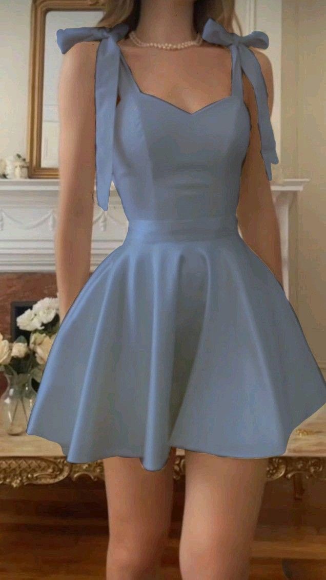 Klassisches A-Linien-Spaghettiträgerkleid mit Schleife, Blau, Kurz, Highschool-Abschluss, Hoco-Outfit, Heimkehrkleider RB4657