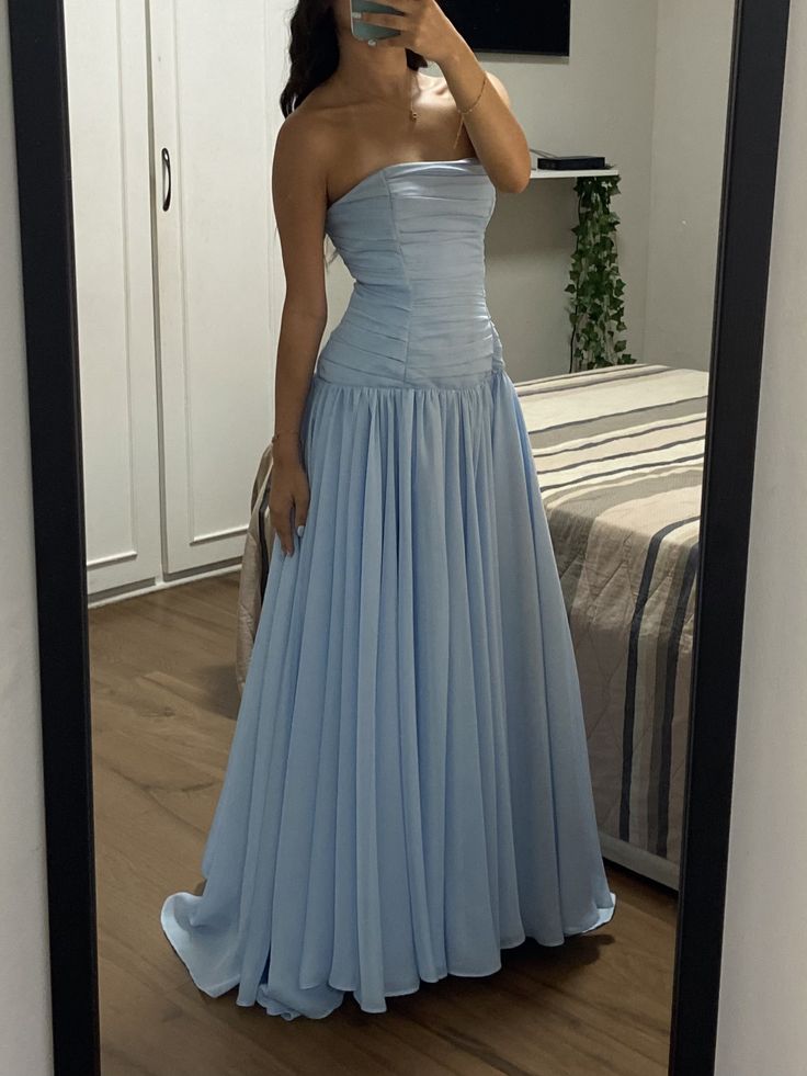 Charming A line Strapless Blue Satin Long Party Dresses Senior Prom Dresses Impress Wedding Guest Dress N895