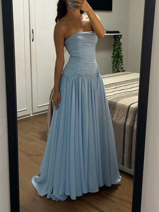 Charming A line Strapless Blue Satin Long Party Dresses Senior Prom Dresses Impress Wedding Guest Dress N895