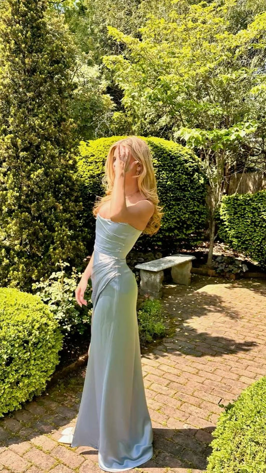 Sexy Meerjungfrauen-Abendkleid, trägerlos, hellblau, aus Satin, lang, modisch-ästhetisch für Teenager, festliche Kleider, Party-Outfits, Ballkleid AB1158