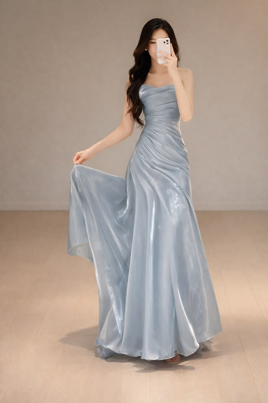 Modest Mermaid Strapless Blue Pleated Sleeveless Long Prom Dresses For Women N4166