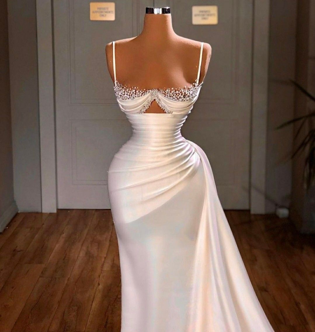 White Prom Dress Satin Mermaid Spaghetti Straps Sexy Women's Prom Gown Evening Dress AB1642