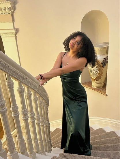 Schlichtes Meerjungfrauen-Abendkleid mit Spaghettiträgern, dunkelgrünem Satin und Schlitz für Teenager, formelles Abendkleid, Partykleid, Ballkleid AB1035