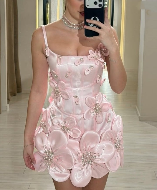 Cute Sheath Tight Square Neck Pink Satin Mini Graduation Dresses Short Inspo Senior Homecoming Outfits RB3668