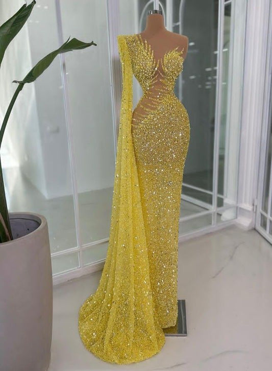 Glitter Mermaid One Shoulder Yellow Sequin Prom Dresses With Beads Gem Evening Party Formal Gown 21st Birthday Outfits AB833