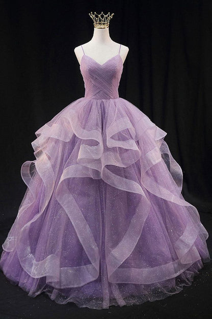 Purple Prom Dress Ball Gown Spaghetti Strap Tulle Sequin Long Formal Gown Evening Dresses For Teens Formal N038