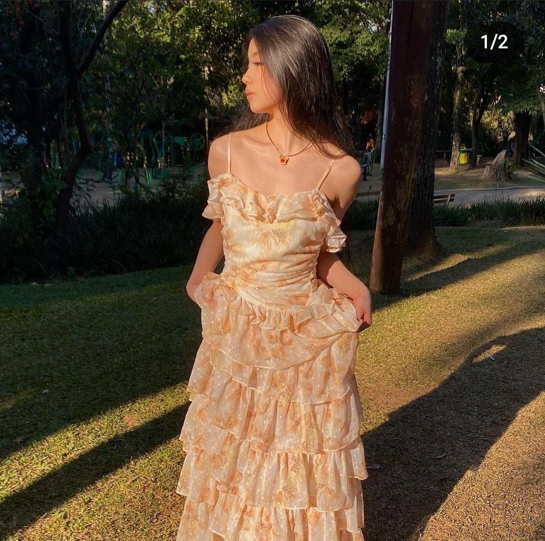 Robe de bal longue cintrée en mousseline jaune à fleurs, style rétro années 60, bretelles spaghetti, coupe trapèze, AB304